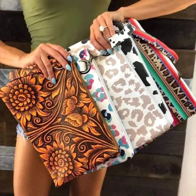 Popular Large Capacity Makeup Bag Cow Leopard Sunflower Print Wrist Bag PU Leather Women Handbag