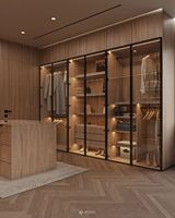 Dressing moderne de luxe avec porte en verre, armoire de chambre personnalisée avec éclairage LED