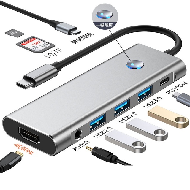 Aluminum 9 in 1 Type C Hub to USB3.0+USB2.0*2+type C Data Transter +HDTV 4K60 HZ+PD 100W +audio+SD+TF USB C Hub Docking Station