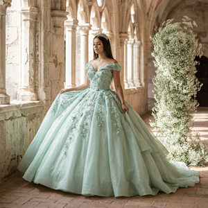 Lsany227 Robe de bal vert sauge, longueur ras du sol, avec traîne chapelle, dentelle florale et perles 3D, pour Quinceañera et fête d'anniversaire - Product Image 1
