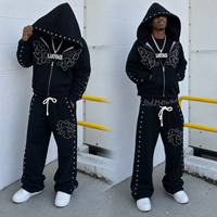 Ensemble de survêtement personnalisé pour homme noir à clous, avec logo brodé, en coton épais, deux pièces (hoodie et pantalon)