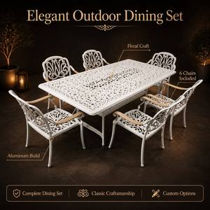 <span class=keywords><strong>Table</strong></span> de patio rectangulaire en <span class=keywords><strong>aluminium</strong></span> moulé blanc durable, avec motif floral ajouré, anti-rouille, avec trou pour parasol - Product Image 3