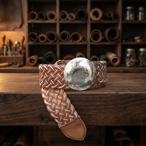Ceinture en cuir véritable tressée avec concho argenté, design classique tissé, unisexe, marron - Product Image 5