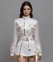 Costume de scène K-Pop pour femme East Costume, combinaison en cuir verni blanc et or avec manches transparentes, en stock
