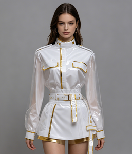 Costume de scène K-Pop pour <span class=keywords><strong>femme</strong></span> East Costume, combinaison en cuir verni blanc et or avec manches transparentes, en stock - Product Image 5