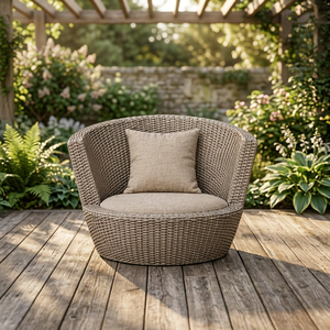 Chaise de jardin contemporaine en osier avec coussin, mobilier d'extérieur beige, design rond, pour patio et loisirs - Product Image 3