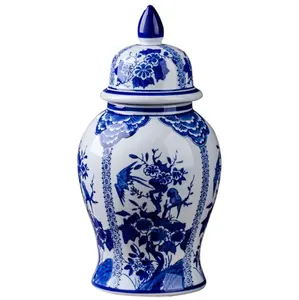 Jarrón de cerámica pintado a mano para decoración del hogar, sala de estar jarrón de porcelana azul y blanca para, frascos de jengibre