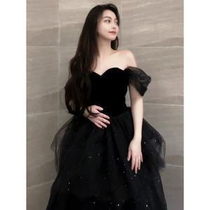 Black Off The Shoulder Tulle Ball Gown Dress Empire Waist Chiffon Graduation Ceremony Women Career Dress - Product Image 2