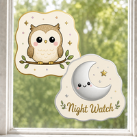 Autocollants personnalisés imperméables en PVC vinyle, autocollant décoratif électrostatique pour fenêtre, hibou kawaii, lune, étoile, imprimé UV, autocollant mural en verre