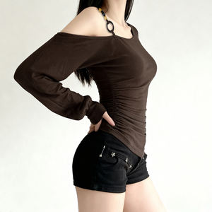 T-shirt à manches longues à une épaule pour femme, style vintage américain, manches lanternes à perles, taille cintrée, épaules dénudées - Product Image 5