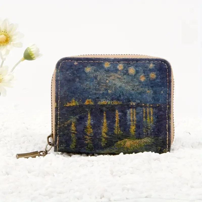 2024 Latest Fashion Van Gogh Art Oil Painting Cork Wallet with Zipper Anti-theft Convenient Coin Credit Wallet for Women Men