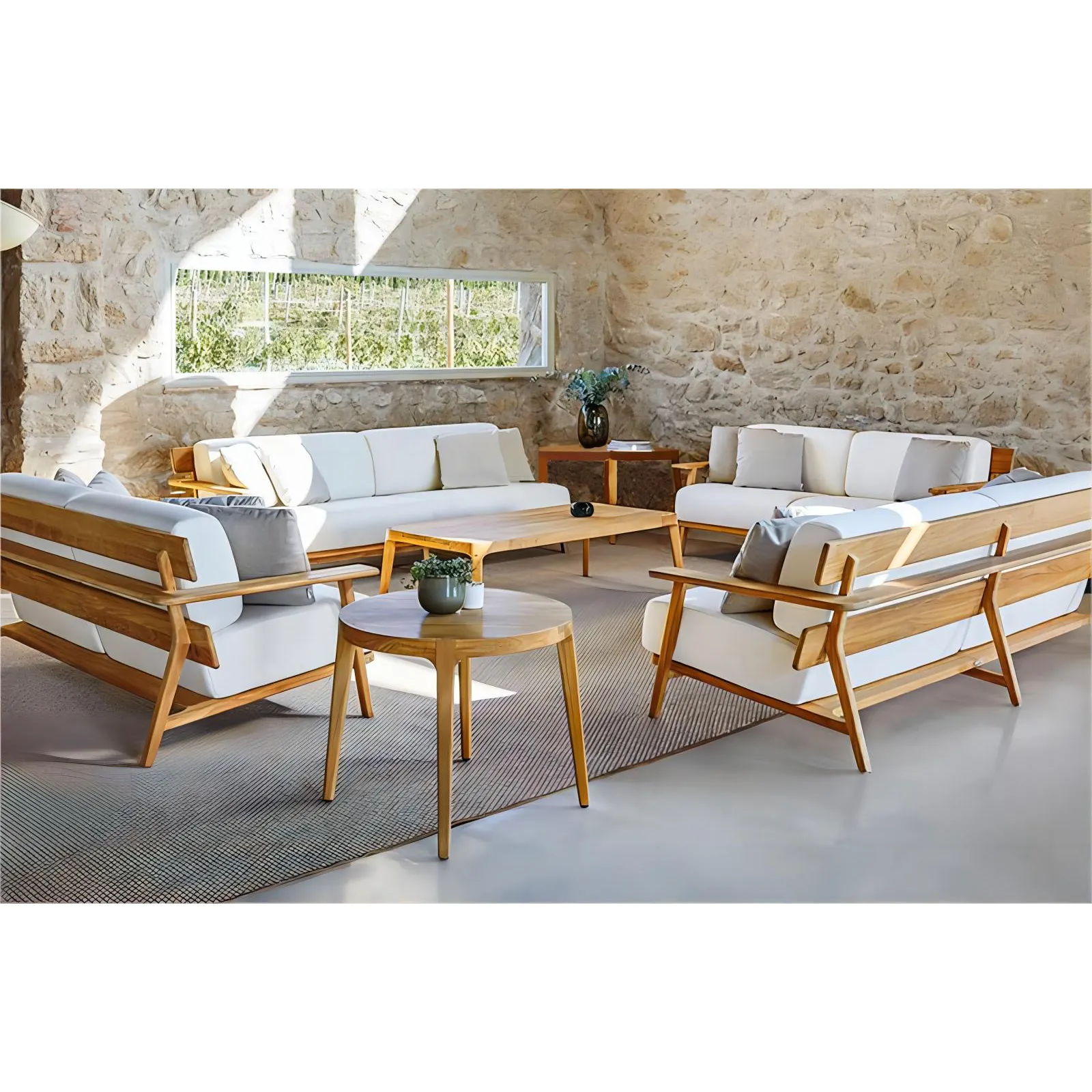 Set furnitur taman Modern perabotan balkon set ruangan santai musim panas luar ruangan mewah sofa kayu jati untuk Teras