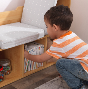 Banco de lectura infantil de madera natural con almacenamiento abierto, organizador ecológico de madera para rincón de lectura infantil con cojín de asiento. - Product Image 3
