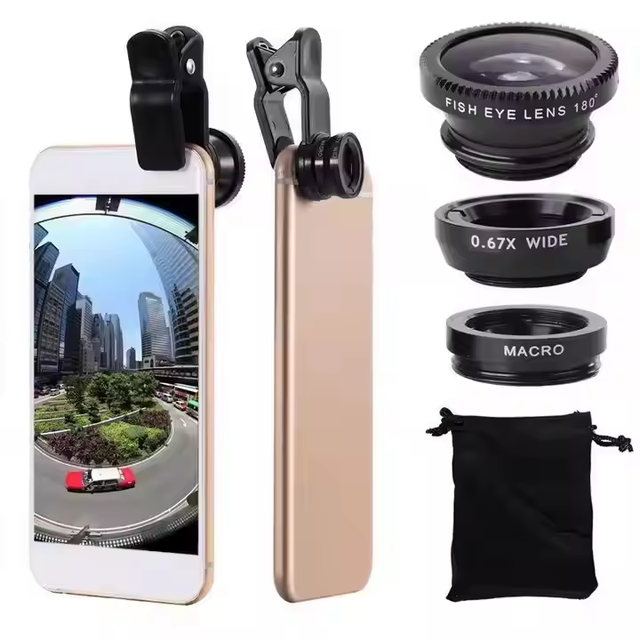 Mobile Phone Universal Fisheye Lens 3-In-1 0.67X Microscope Lens Clip Upgrade Self-Timer for Smart Cell Phone