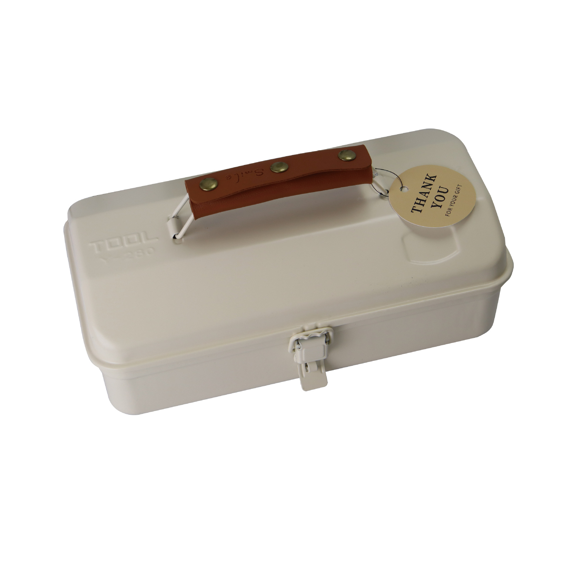 White empty box, white pearlescent paper, leather handle, round