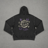 Sweat à capuche ample en molleton noir délavé style vintage pour homme, avec impression DTG personnalisée et broderie unie