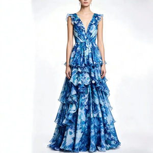Vestido de noche para mujer con estampado floral, cuello en V, cintura imperio, plisado, vestido largo a capas, vestido largo de moda para fiesta - Product Image 3