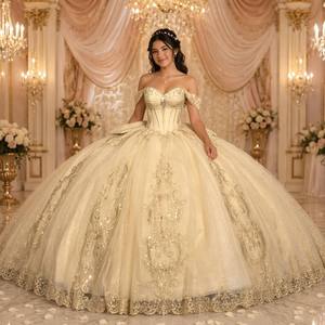 Lsdz008-Pz Luxury Vintage Champagne Gold <b>Quinceanera</b> <b>Dress</b> Sweetheart Corset Lace Applique Sparkly Chiffon 100% Cotton Party - Product Image 1