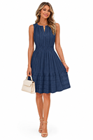 Robe mi-longue décontractée d'été pour femme, en coton, col en V, taille haute, coupe trapèze, sans manches, doublée, avec poches et taille élastique, OEM/ODM