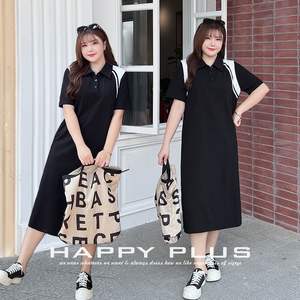 Robe polo Runqi pour femmes grandes tailles, noire et blanche, à blocs de couleur, mi-longue, coupe ample, en coton, col rabattu, motif uni N8749 - Product Image 5