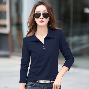 Women's Solid Color Long Sleeve Polo Collar Slim Fit T-Shirt Knitted Polyester Spring Summer Base Layer - Product Image 3