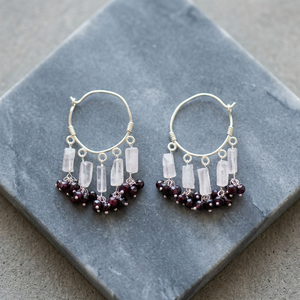 18K Gold Plated 925 Silver Moonstone & <b>Garnet</b> Chandelier Drop <b>Earrings</b> with Pearl & Diamond Hoop Design for Women - Product Image 3