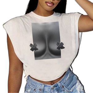 Nueva Camiseta de Verano Transpirable con Estampado de Punto Liso y Diseño Hip-Hop con Ombligo Expuesto Lateral para Mujer - Product Image 1