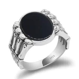 Nieuwe Arrival925 Sterling Zilveren Antieke Turkse Mannen Ring met Zwarte Natuurlijke Agaat Zwarte CZ Ring voor Man Mode 925 sieraden