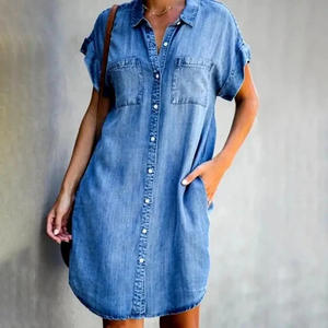 Women Denim <b>Shirt</b> <b>Dresses</b> Short Sleeve Jean <b>Dress</b> For Women Button Down Summer Casual Tunic Midi <b>Dress</b> <b>With</b> <b>Pockets</b> - Product Image 4
