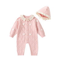 Combinaison en tricot à imprimé cœur pour bébé fille, avec nœud et chapeau à volants, tenue mignonne pour nouveau-né, automne