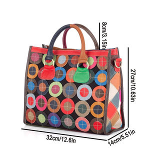 Sac fourre-tout AndoBag pour femmes en cuir de vache véritable + toile, coutures colorées, motif géométrique, sacs à bandoulière, sac à main décontracté 10662 - Product Image 2