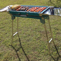 Vente en gros Camping en plein air Portable Pliant BBQ Grill en acier inoxydable avec double table d'appoint