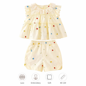 Adorable ensemble 2 pièces pour petites filles, sans manches, col Peter Pan, dentelle à œillets, haut brodé floral, short, ensemble pour tout-petits - Product Image 3