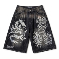 Shorts en jean délavé pour homme DDiZNEW, style streetwear ample, imprimé graphique dragon, ourlet brut, cinq poches, logo personnalisé OEM ODM, été