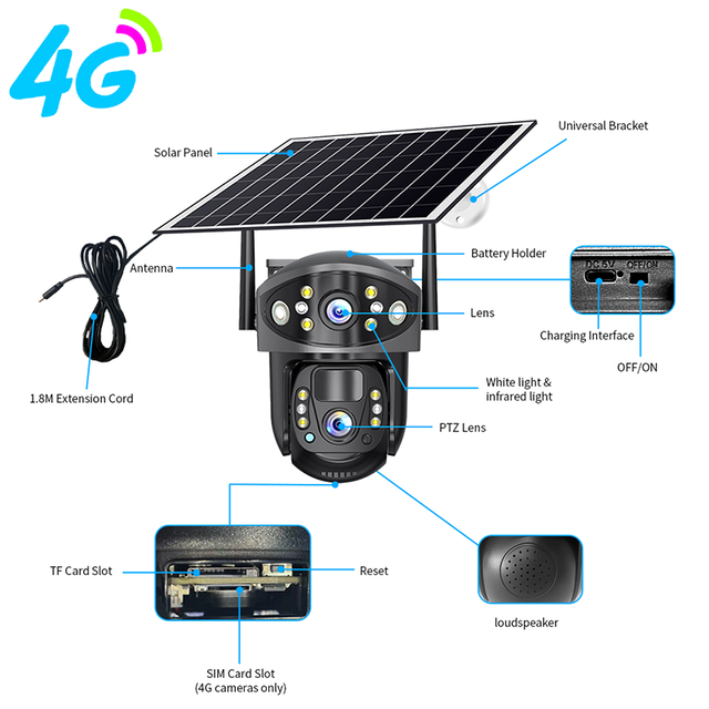 Solar Powered Dual Lens CCTV Camera Outdoor WiFi IP Camera with Pan Tilt AI Motion Detection Full Color Night Vision Camera