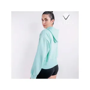 Sweat-shirt à capuche court vert pour femme Vetega avec poches, épaules tombantes, manches longues, en polaire, décontracté, pour l'automne, en polyester tricoté - Product Image 6