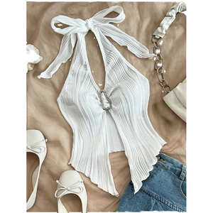 Y2K Breathable <b>Knitted</b> Women Summer Sleeveless Solid Split Backless Sexy V-neck Halter Neck Crop <b>Tank</b> <b>Tops</b> - Product Image 1