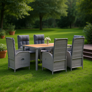 Conjunto de Comedor de Jardín de Ratán Gris para 6 Personas, Mesa de Teca Resistente a la Intemperie, Muebles de Exterior de Estilo Contemporáneo - Product Image 2