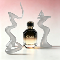 Botella de Perfume Cuadrada de Vidrio de 50 ml Modelo VISTA con Tapa Dorada, Collar de Aluminio, Pulverizador de Bayoneta, Serigrafía, Frascos Vacíos