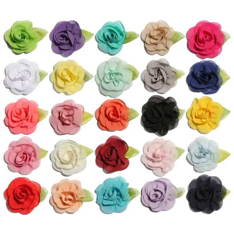 10 pz/set 5.5cm di moda neonato arrotolato fiori di tessuto con foglie per capelli graziosi fiori di Chiffon per capelli