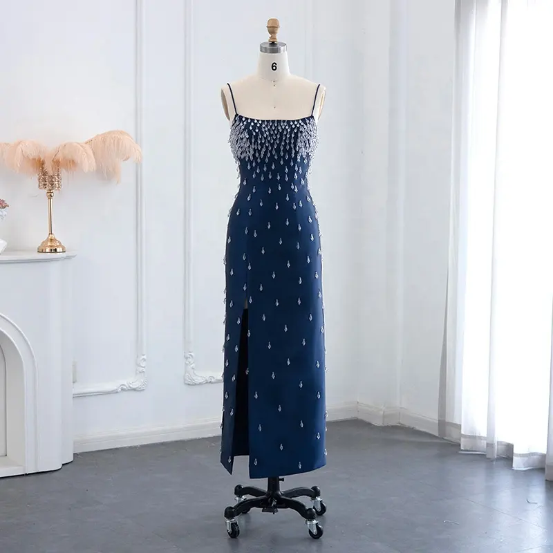 Jancember LSCZ94 2023 New Design Crystal Spaghetti Strap Tea Length Evening Prom Dress
