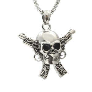 yunnique Skeleton Pendant Stainless Steel Fashionable Silver Black Men's Necklace With Cross Guns Design - Product Image 5