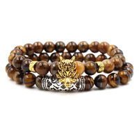 Ensemble de 2 bracelets en fer perlé de 8 mm, pierre turquoise, tête de Bouddha, tête de crâne, casque de guerrier spartiate, couronne, unisexe