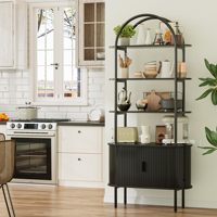 Étagère arquée de 71 pouces de hauteur avec portes coulissantes, style moderne du milieu du siècle, en panneaux de particules, incurvée, 4 niveaux, rangement ouvert, grande capacité pour salon