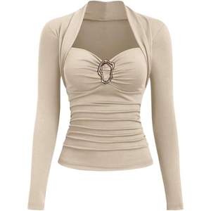 Top de Manga Larga Personalizado para Mujer, Cuello Corazón, Botones Metálicos, Corte Ajustado, Elegante, Tejido de Punto con Spandex y Poliéster - Product Image 5