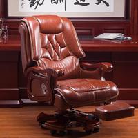Chaise de bureau de direction haut de gamme en bois massif et cuir de vachette, inclinable avec vérin à gaz, massage et repose-pieds