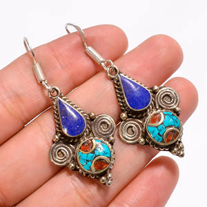 Pendientes de GEMA de lapislázuli de Coral turquesa Natural, pendientes hechos a mano de Nepali de plata tibetana, joyería fina - Product Image 3