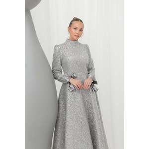 Puane Women's Elegant Long Sleeve Shiny Textured Evening Dress with Waist Belt Detail for Special Occasions, Gray - Product Image 1