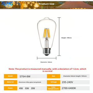 <strong>LED</strong> Edison <strong>Bulb</strong> Filament Light RCHG Retro <strong>E27</strong> Glass CE Certified 2700-6400K Restaurant Light - Product Image 4