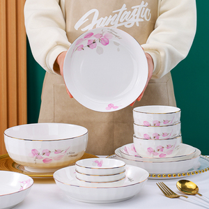 Chinois traçage or lumière luxe Europe Design moderne ensemble de dîner de fleurs roses, <span class=keywords><strong>vaisselle</strong></span> en porcelaine de chine fraîche - Product Image 1